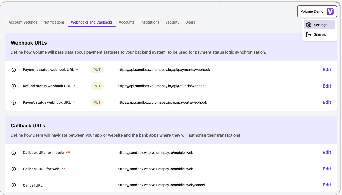 Webhooks and Callbacks Settings
